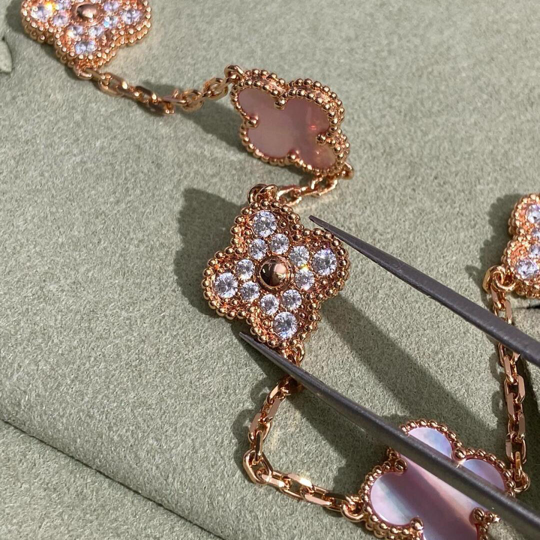 [Vera Jewelry]CLOVER 10 MOTIFS DIAMOND PINK MOP NECKLACE