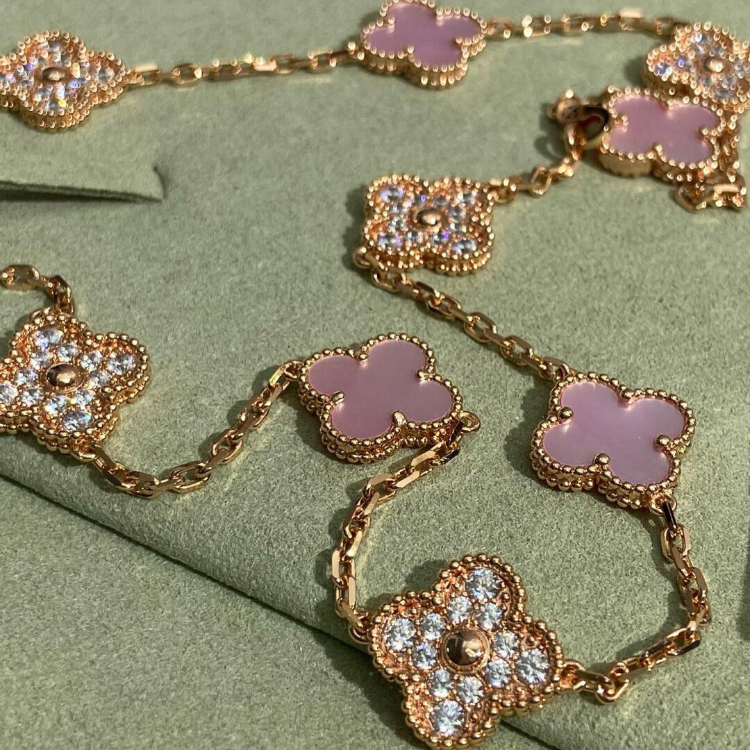 [Vera  Jewelry]CLOVER 10 MOTIFS DIAMOND PINK MOP NECKLACE
