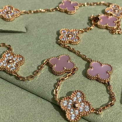 [Vera  Jewelry]CLOVER 10 MOTIFS DIAMOND PINK MOP NECKLACE