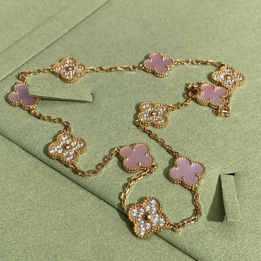 [Vera Jewelry]CLOVER 10 MOTIFS DIAMOND PINK MOP NECKLACE