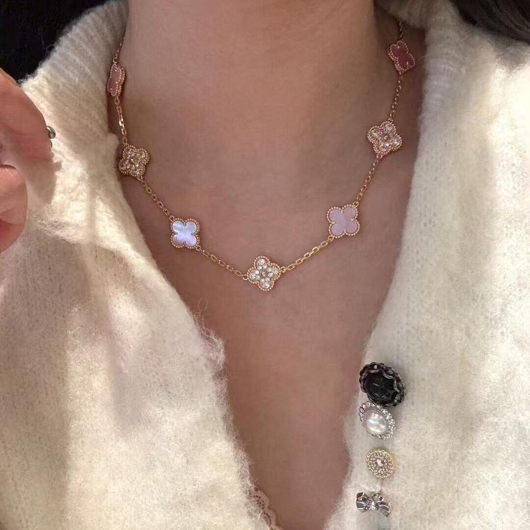 [Vera  Jewelry]CLOVER 10 MOTIFS DIAMOND PINK MOP NECKLACE