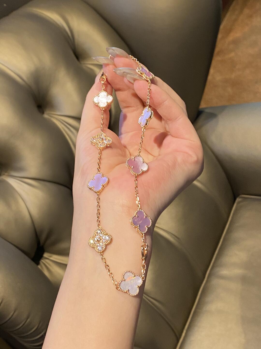 [Vera  Jewelry]CLOVER 10 MOTIFS DIAMOND PINK MOP NECKLACE