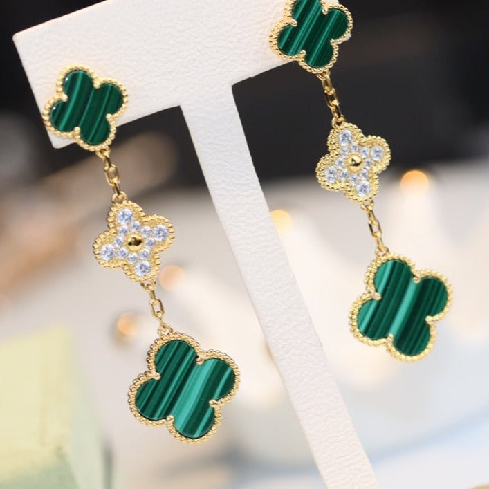 [Vera  Jewelry]CLOVER EARRINGS GOLD MALACHITE DIAMOND 3 MOTIF