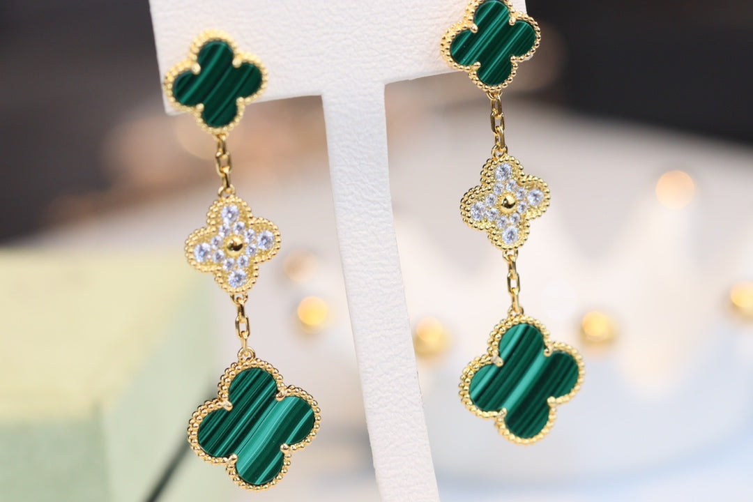 [Vera  Jewelry]CLOVER EARRINGS GOLD MALACHITE DIAMOND 3 MOTIF