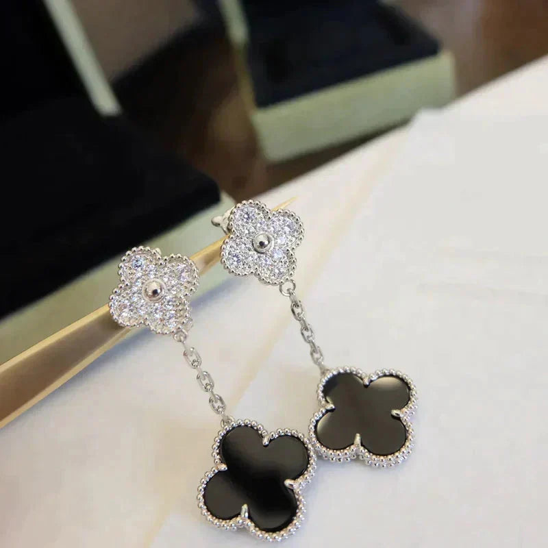 [Vera Jewelry]CLOVER 2 MOTIFS  DIAMOND ONYX EARRINGS SILVER