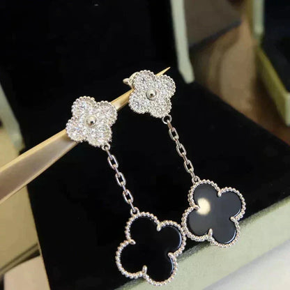 [Vera Jewelry]CLOVER 2 MOTIFS  DIAMOND ONYX EARRINGS SILVER