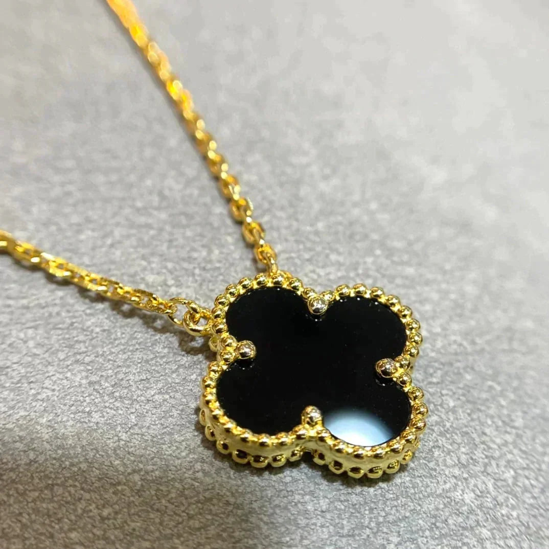 [Vera  Jewelry]CLOVER 15MM BLACK ONYX SINGLE FLOWER NECKLACE