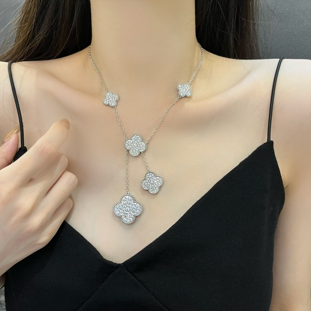 [Vera  Jewelry]CLOVER 5 MOTIFS SILVER DIAMONDS NECKLACE