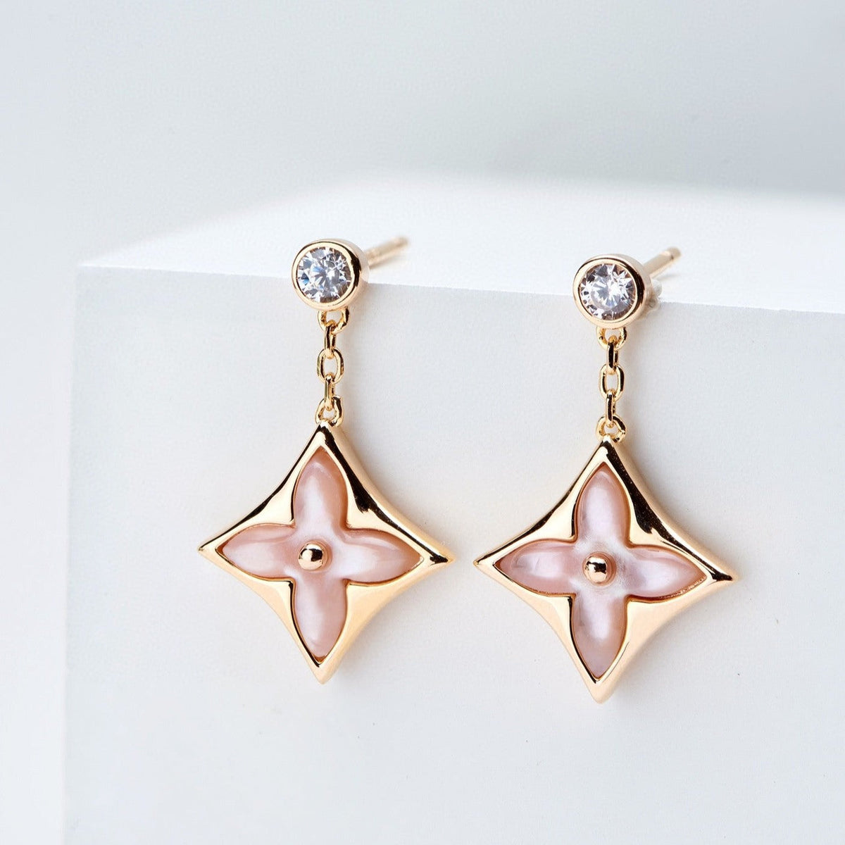 [Vera Jewelry]DOUBLE STAR PINK GOLD MOP DROP EARRINGS