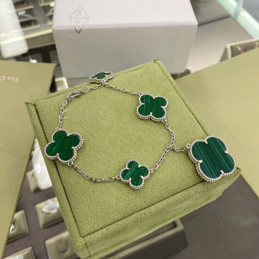 [Vera Jewelry]CLOVER 5 MOTIFS SIVLER MALACHITE BRACELET