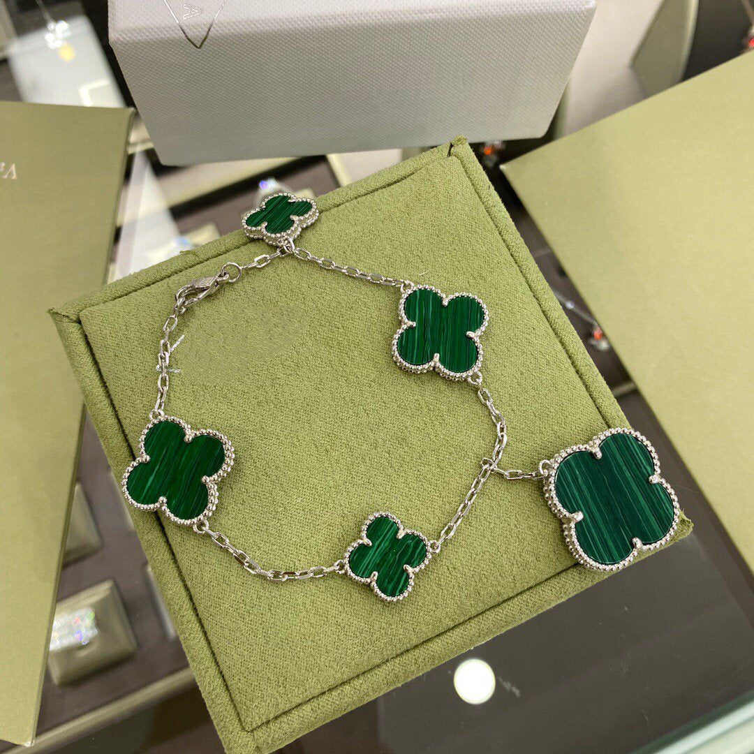 [Vera Jewelry]CLOVER 5 MOTIFS SIVLER MALACHITE BRACELET