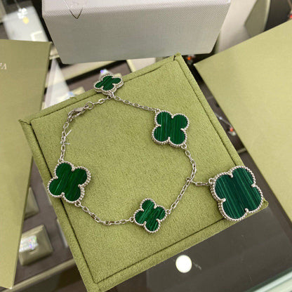 [Vera Jewelry]CLOVER 5 MOTIFS SIVLER MALACHITE BRACELET