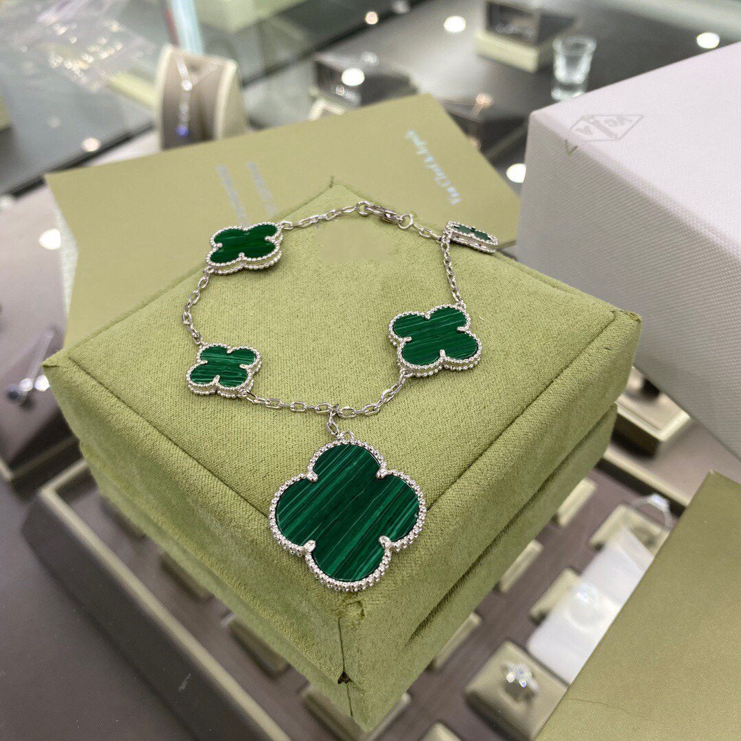 [Vera Jewelry]CLOVER 5 MOTIFS SIVLER MALACHITE BRACELET