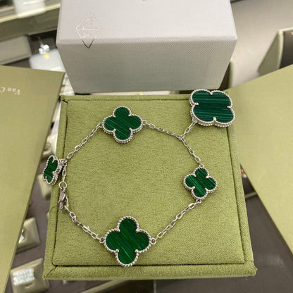 [Vera Jewelry]CLOVER 5 MOTIFS SIVLER MALACHITE BRACELET