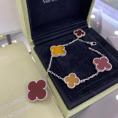 [Vera Jewelry]CLOVER 5 MOTIFS SIVLER CARNELIAN TIGER EYE BRACELET
