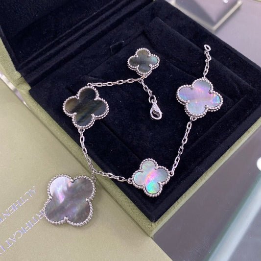 [Vera Jewelry]CLOVER 5 MOTIFS SIVLER DARK MOP BRACELET