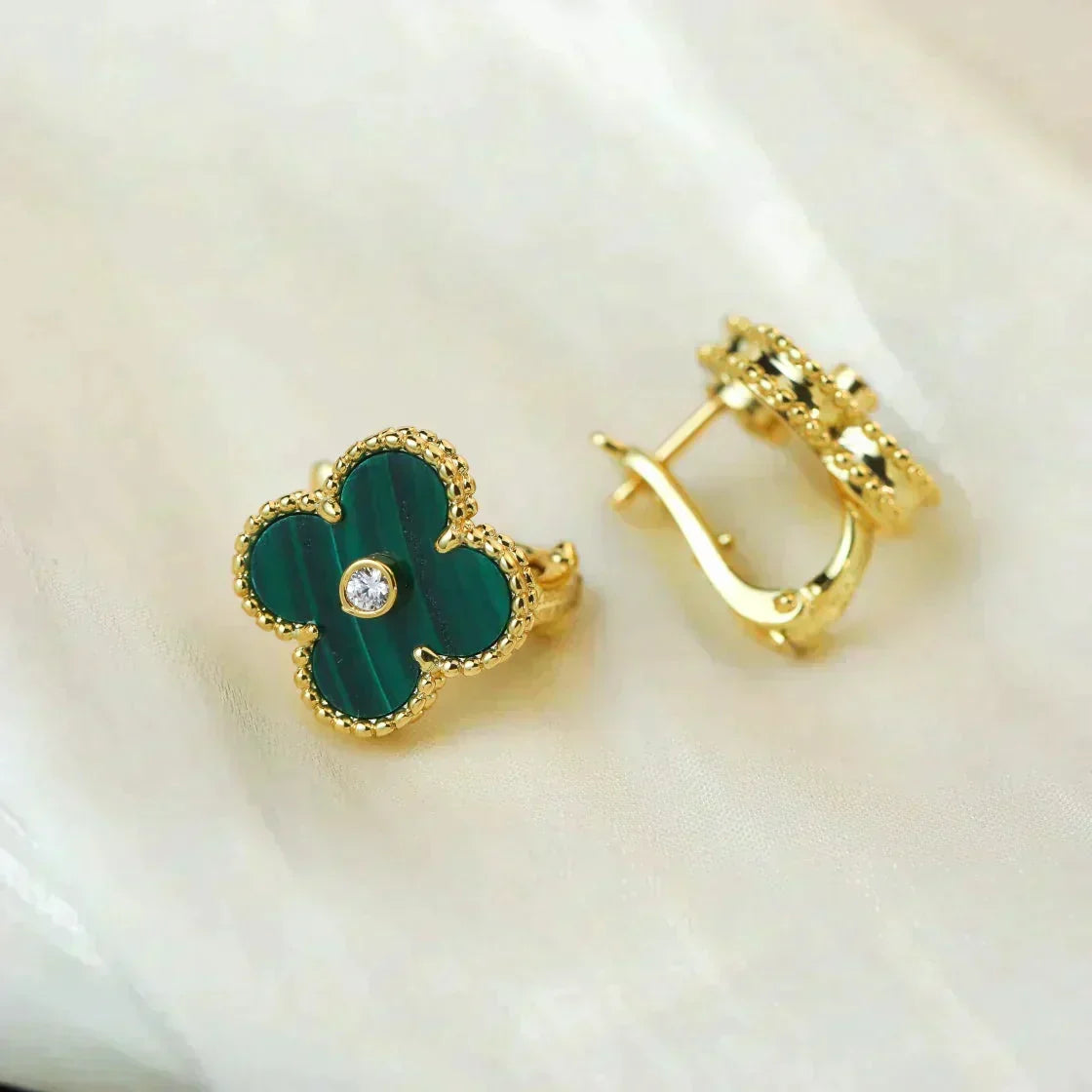 [Vera  Jewelry]CLOVER MEDIUM 1 MOTIFS MALACHITE DIAMOND EARRINGS