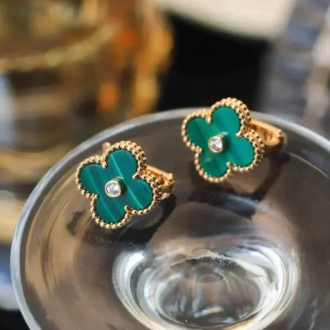 [Vera  Jewelry]CLOVER MEDIUM 1 MOTIFS MALACHITE DIAMOND EARRINGS