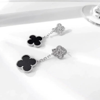 [Vera Jewelry]CLOVER 2 MOTIFS  DIAMOND ONYX EARRINGS SILVER