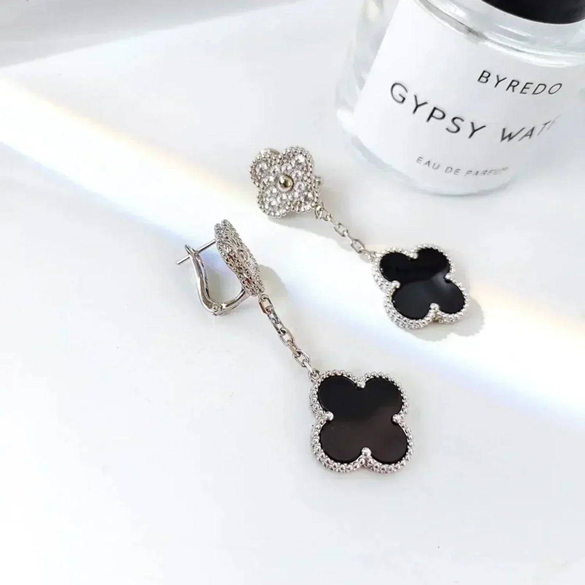 [Vera Jewelry]CLOVER 2 MOTIFS  DIAMOND ONYX EARRINGS SILVER