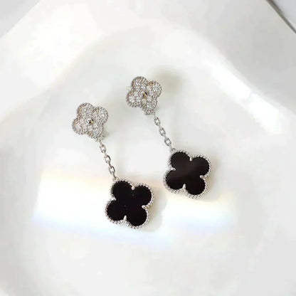 [Vera Jewelry]CLOVER 2 MOTIFS  DIAMOND ONYX EARRINGS SILVER