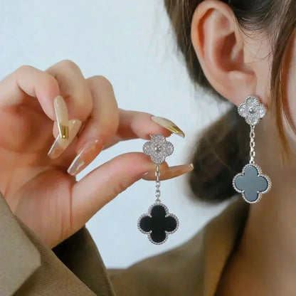 [Vera Jewelry]CLOVER 2 MOTIFS  DIAMOND ONYX EARRINGS SILVER