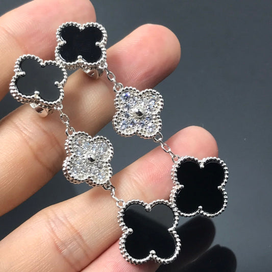 [Vera Jewelry]CLOVER 3 MOTIF DIAMOND ONYX SILVER EARRINGS