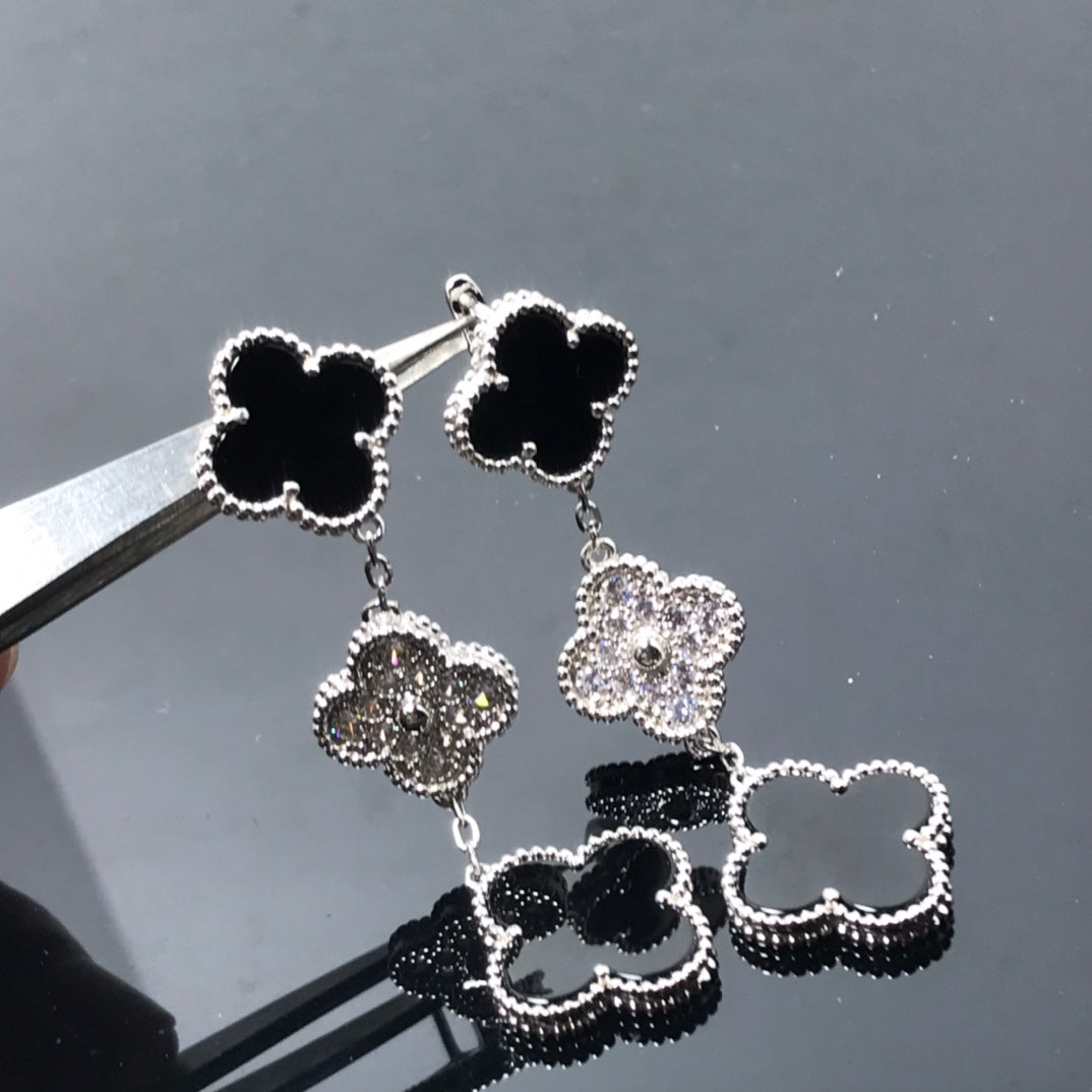 [Vera  Jewelry]CLOVER 3 MOTIF DIAMOND ONYX SILVER EARRINGS