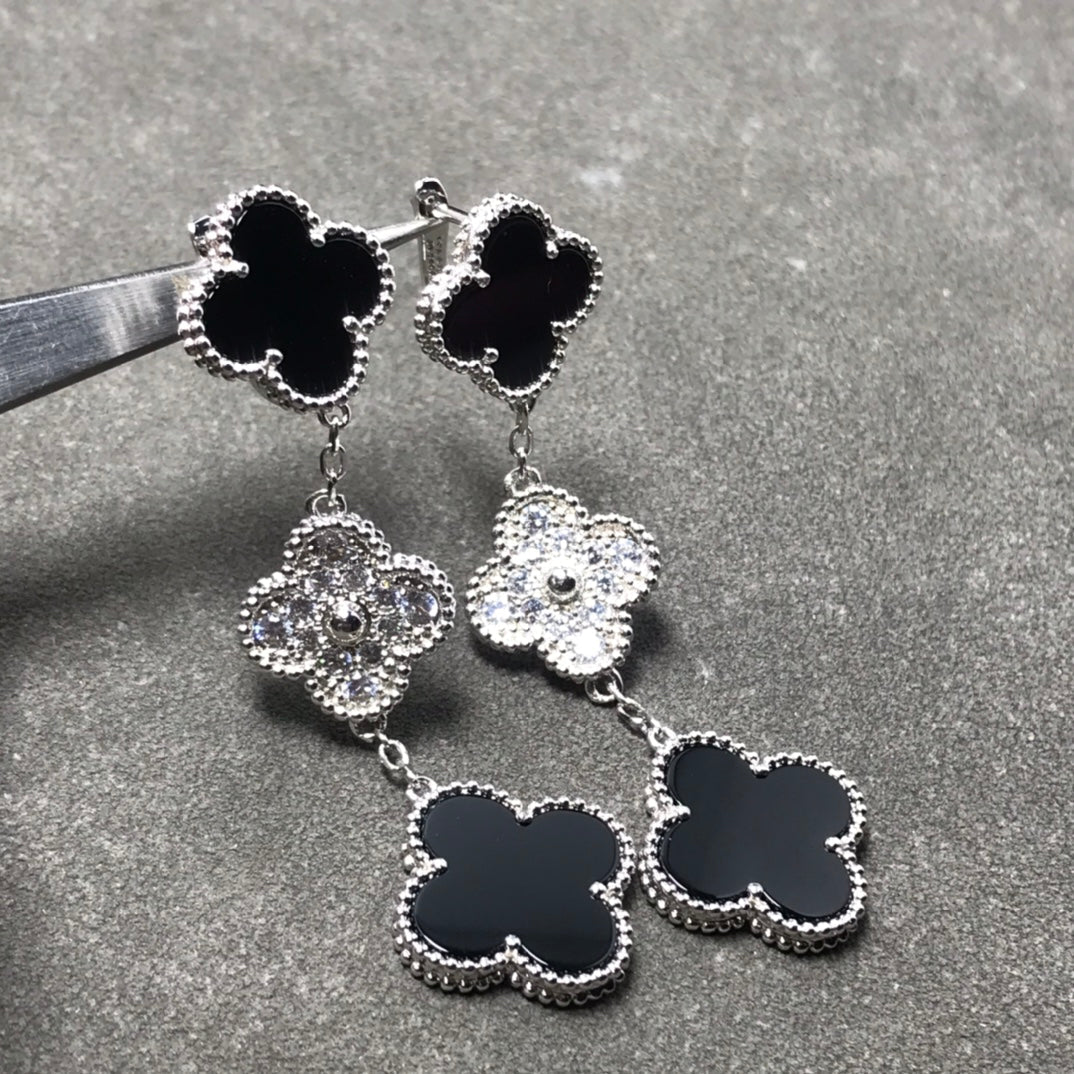 [Vera  Jewelry]CLOVER 3 MOTIF DIAMOND ONYX SILVER EARRINGS