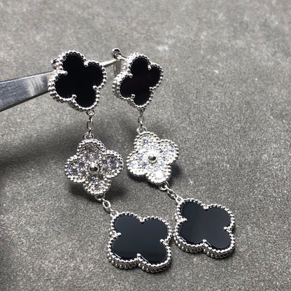 [Vera  Jewelry]CLOVER 3 MOTIF DIAMOND ONYX SILVER EARRINGS