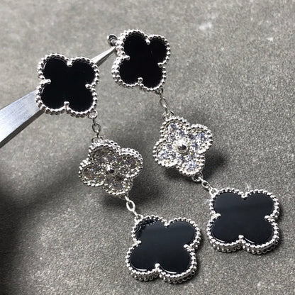 [Vera  Jewelry]CLOVER 3 MOTIF DIAMOND ONYX SILVER EARRINGS
