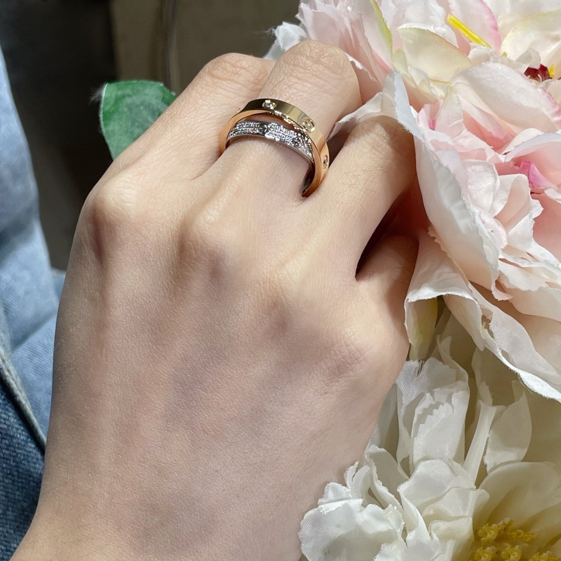 [Vera  Jewelry]LOVE PINK GOLD SILVER DIAMOND DOUBLE RING