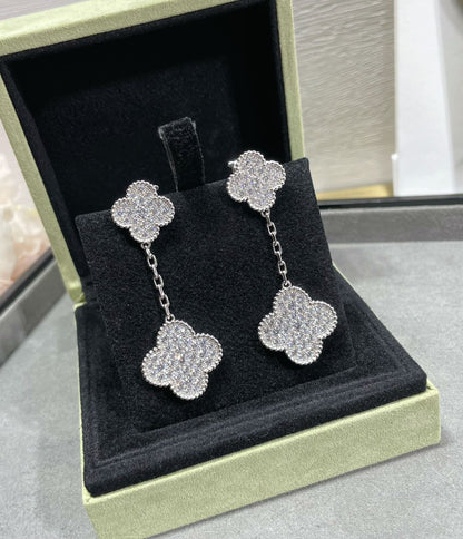 [Vera Jewelry]CLOVER 2 MOTIFS DIAMOND PAVED SILVER EARRINGS