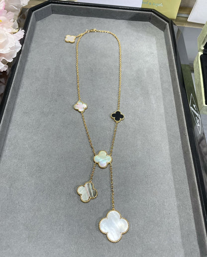 [Vera  Jewelry]CLOVER 6 MOTIF MOP ONYX GOLD NECKLACE