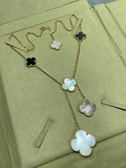 [Vera  Jewelry]CLOVER 6 MOTIF MOP ONYX GOLD NECKLACE