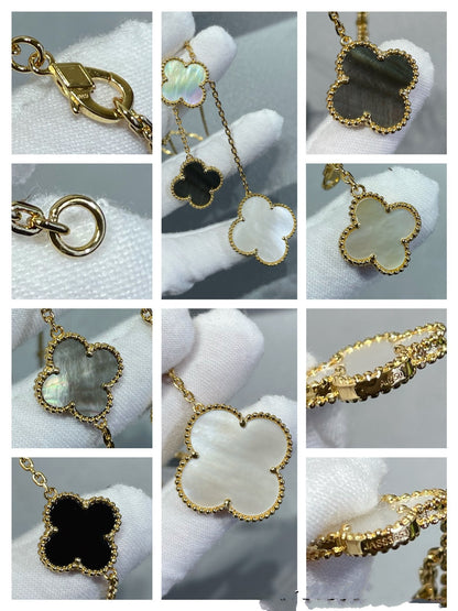 [Vera  Jewelry]CLOVER 6 MOTIF MOP ONYX GOLD NECKLACE