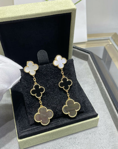 [Vera  Jewelry]CLOVER 3 MOTIF MOP ONYX DARK MOP PINK GOLD EARRINGS