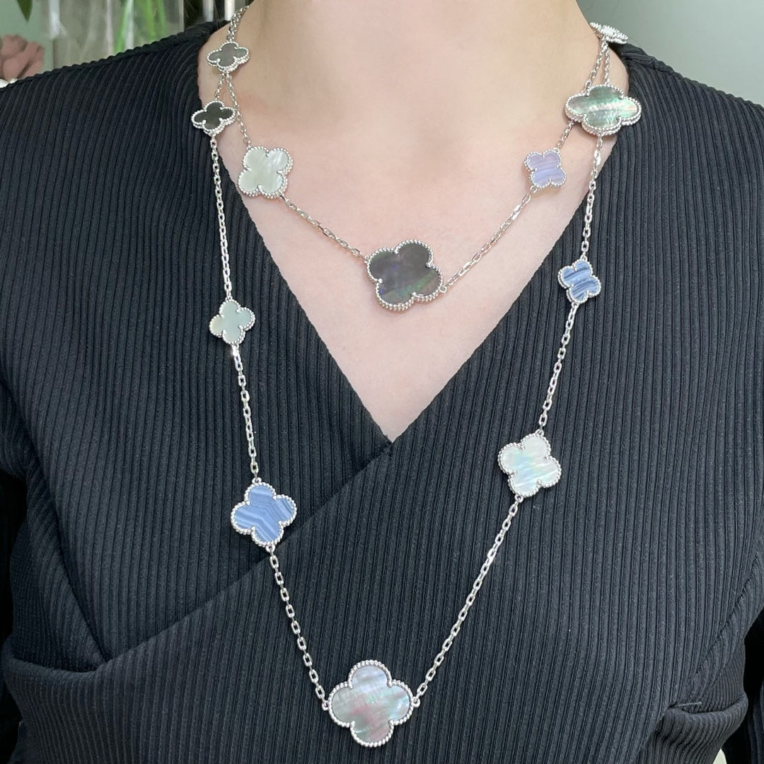 [Vera  Jewelry]CLOVER 16 MOTIF CHALCEDONY MOP SILVER NECKLACE