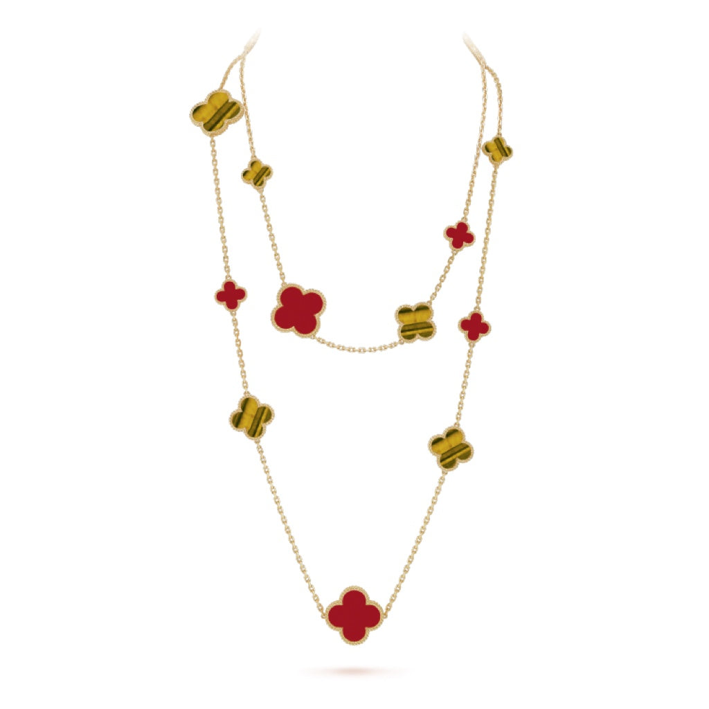 [Vera Jewelry]CLOVER 16 MOTIF CARNELIAN TIGER EYE ROSE GOLD NECKLACE