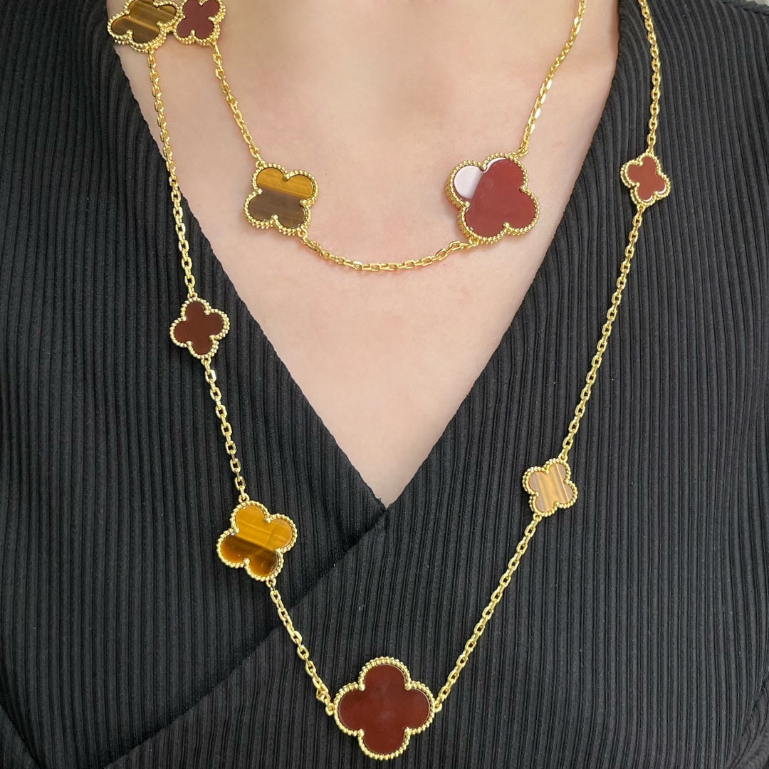 [Vera Jewelry]CLOVER 16 MOTIF CARNELIAN TIGER EYE ROSE GOLD NECKLACE