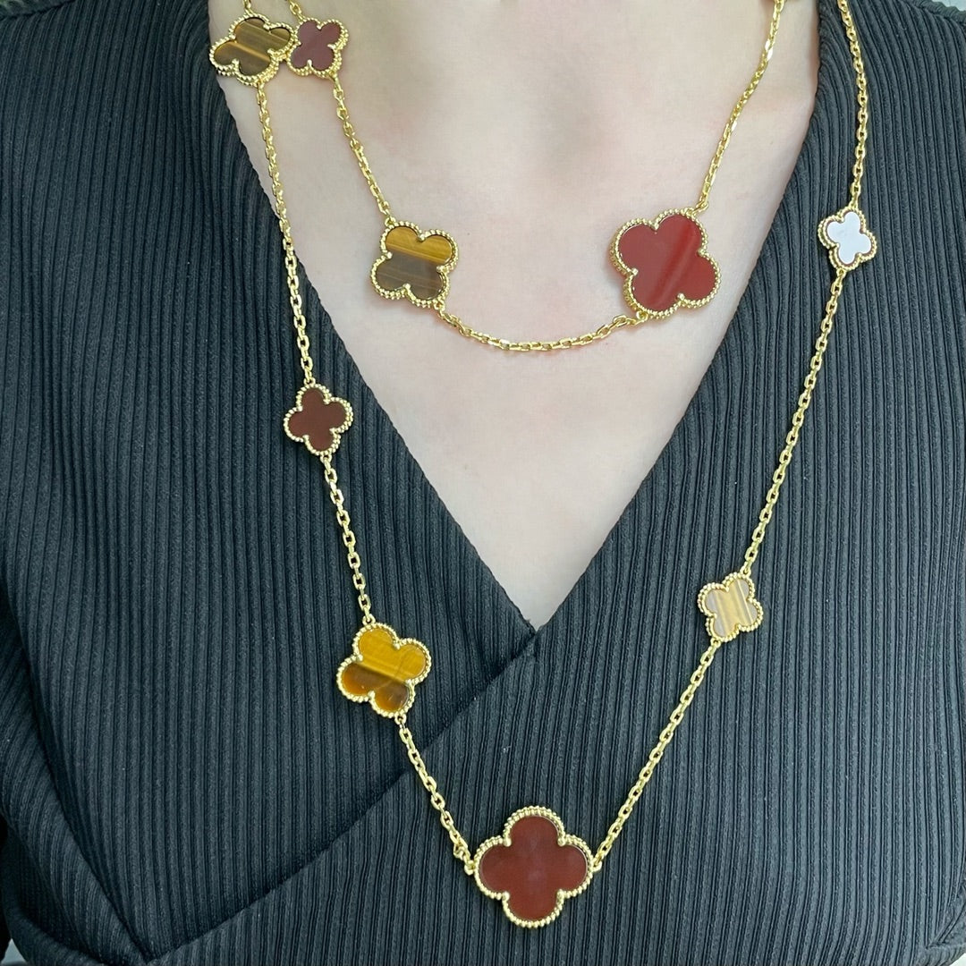 [Vera Jewelry]CLOVER 16 MOTIF CARNELIAN TIGER EYE ROSE GOLD NECKLACE