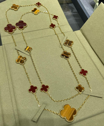 [Vera Jewelry]CLOVER 16 MOTIF CARNELIAN TIGER EYE ROSE GOLD NECKLACE