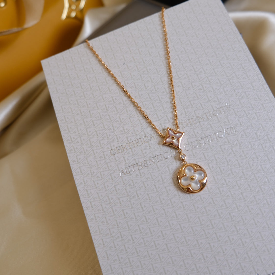 [Vera  Jewelry]STAR AND SUN WHITE MOP 2 MOTIF PINK GOLD NECKLACE