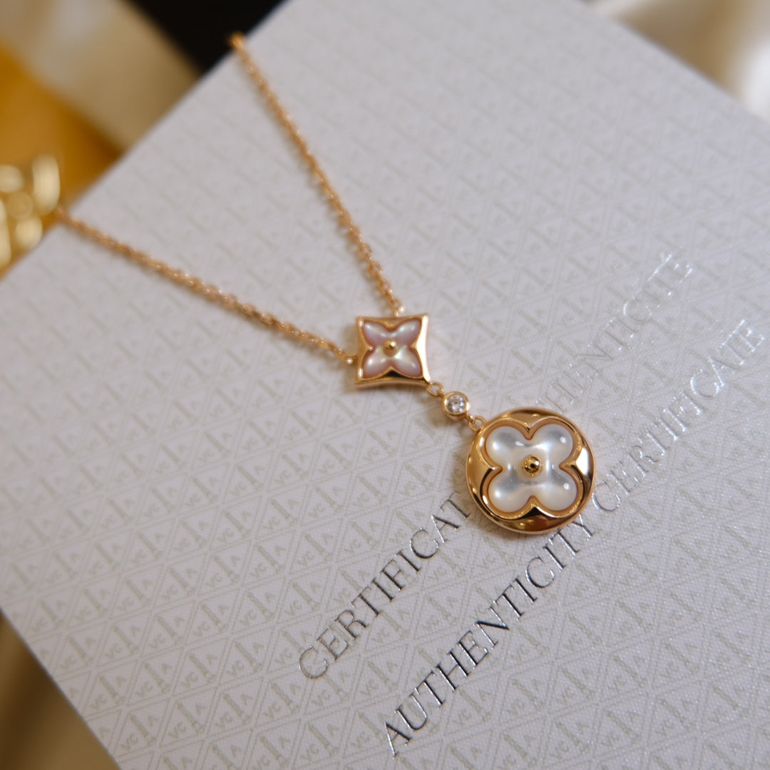 [Vera  Jewelry]STAR AND SUN WHITE MOP 2 MOTIF PINK GOLD NECKLACE