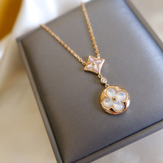 [Vera  Jewelry]STAR AND SUN WHITE MOP 2 MOTIF PINK GOLD NECKLACE