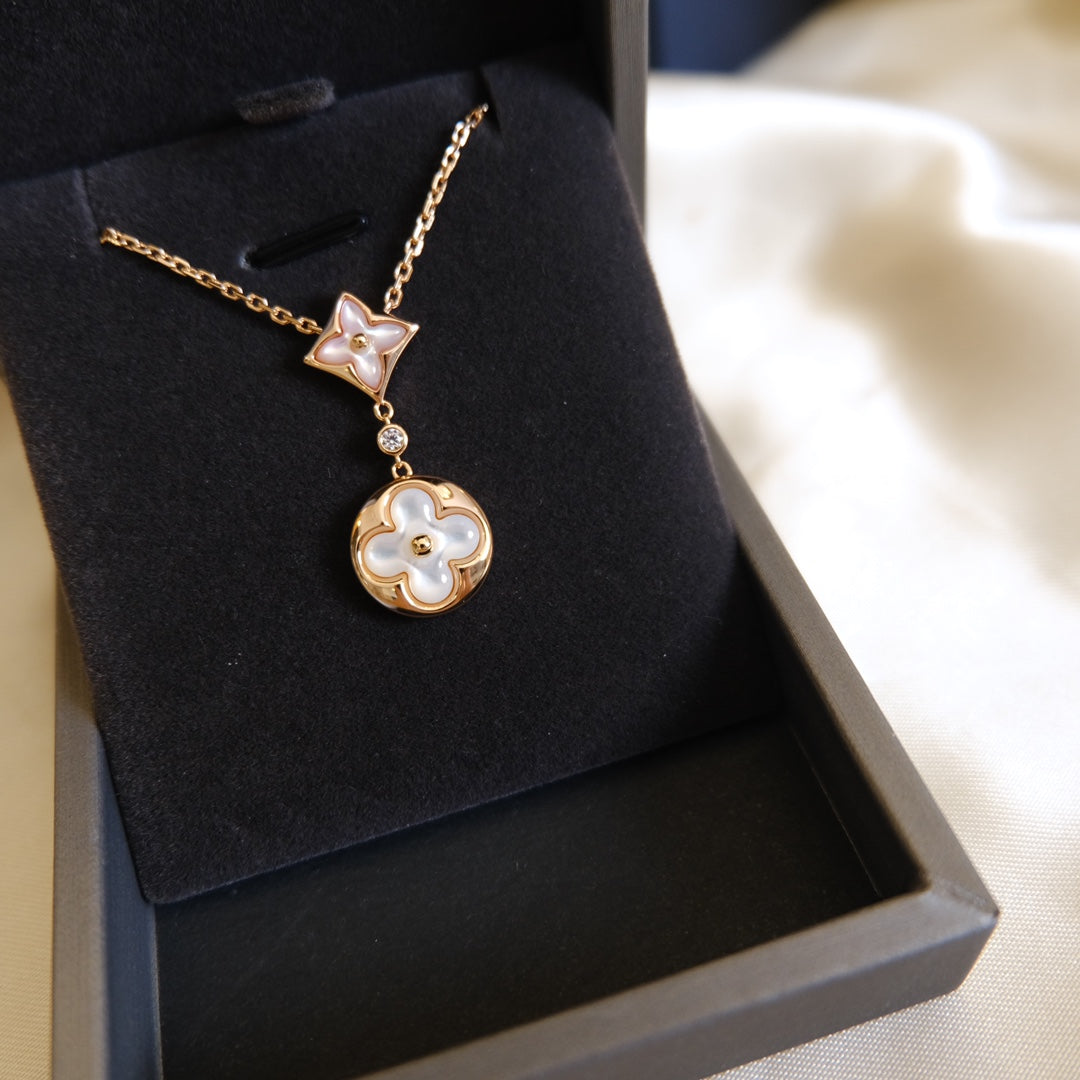 [Vera Jewelry]STAR AND SUN WHITE MOP 2 MOTIF PINK GOLD NECKLACE