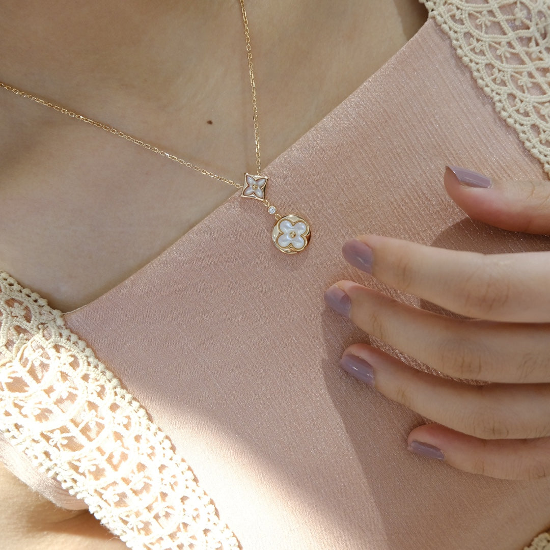 [Vera  Jewelry]STAR AND SUN WHITE MOP 2 MOTIF PINK GOLD NECKLACE