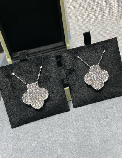 [Vera  Jewelry]CLOVER 25MM LARGE PENDANT DIAMOND PAVED SILVER NECKLACE