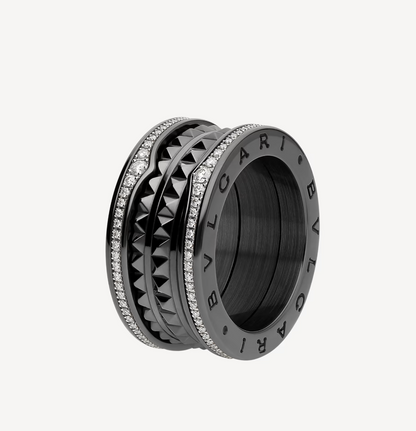 [Vera]ZERO 1 ROCK FOUR-BAND BLACK CERAMIC WITH STUDDED SPIRAL AND PAVED DIAMONDS RING
