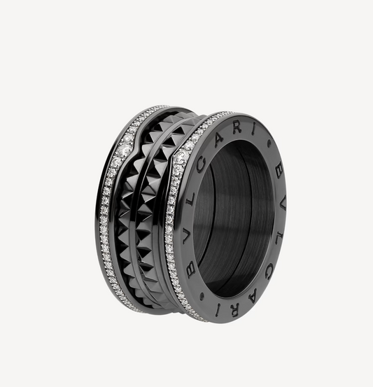 [Vera]ZERO 1 ロック 4バンド ブラックセラミック スタッズスパイラル パヴェダイヤモンドリング